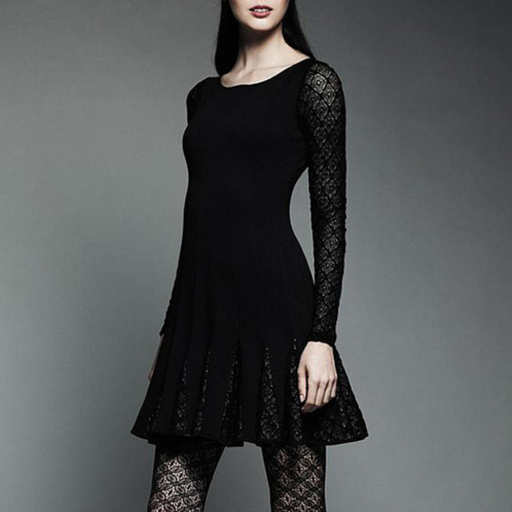 Black Lace Gored Flare hem dress 4